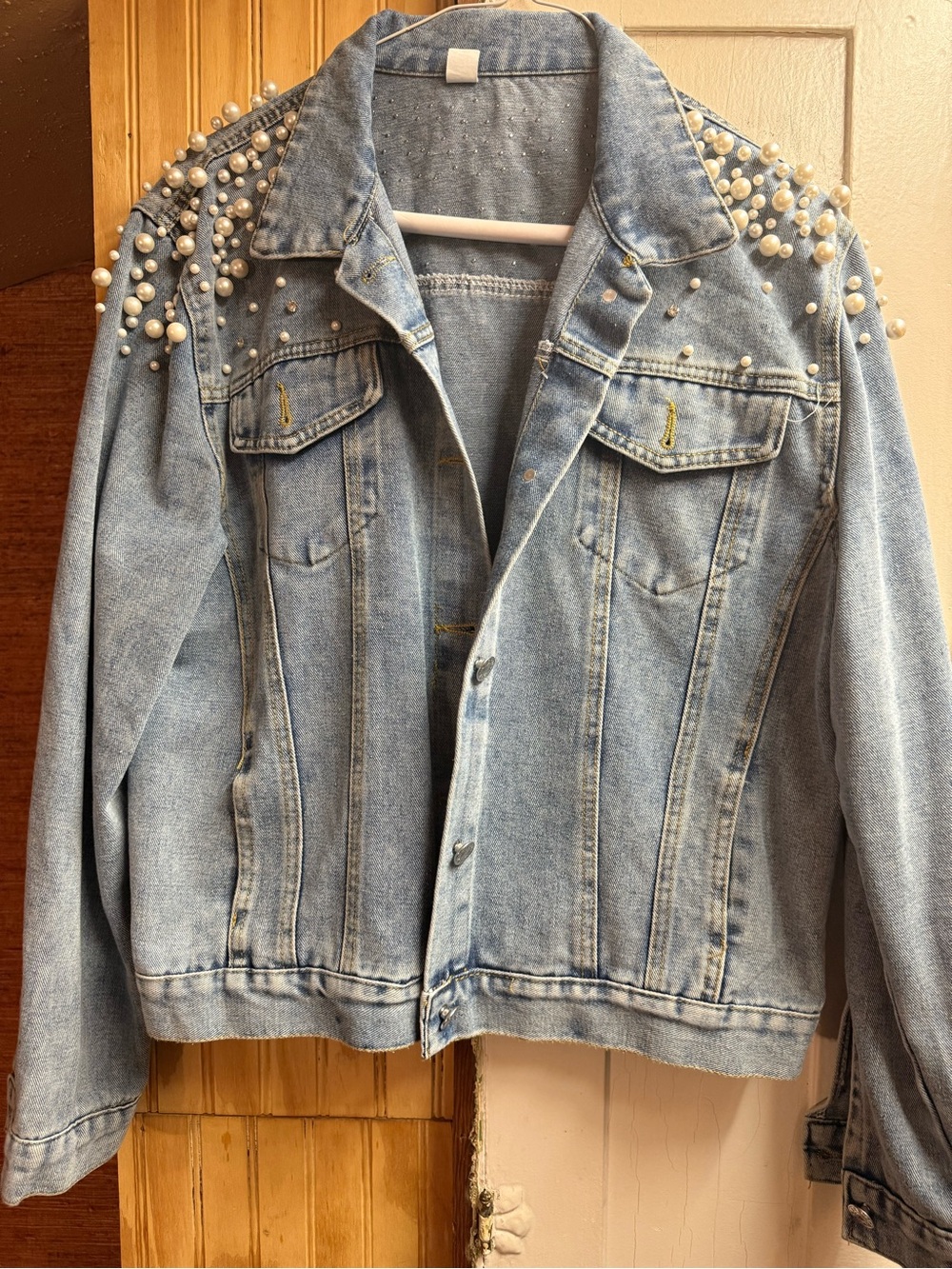 Pearl-Accent Light Blue Denim Jacket